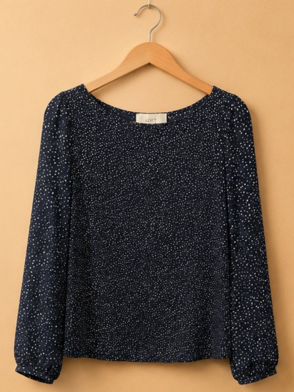 LOFT Navy Polka Dot Blouse Medium | Sheer Sleeve Elegant Workwear Top Chic Minim